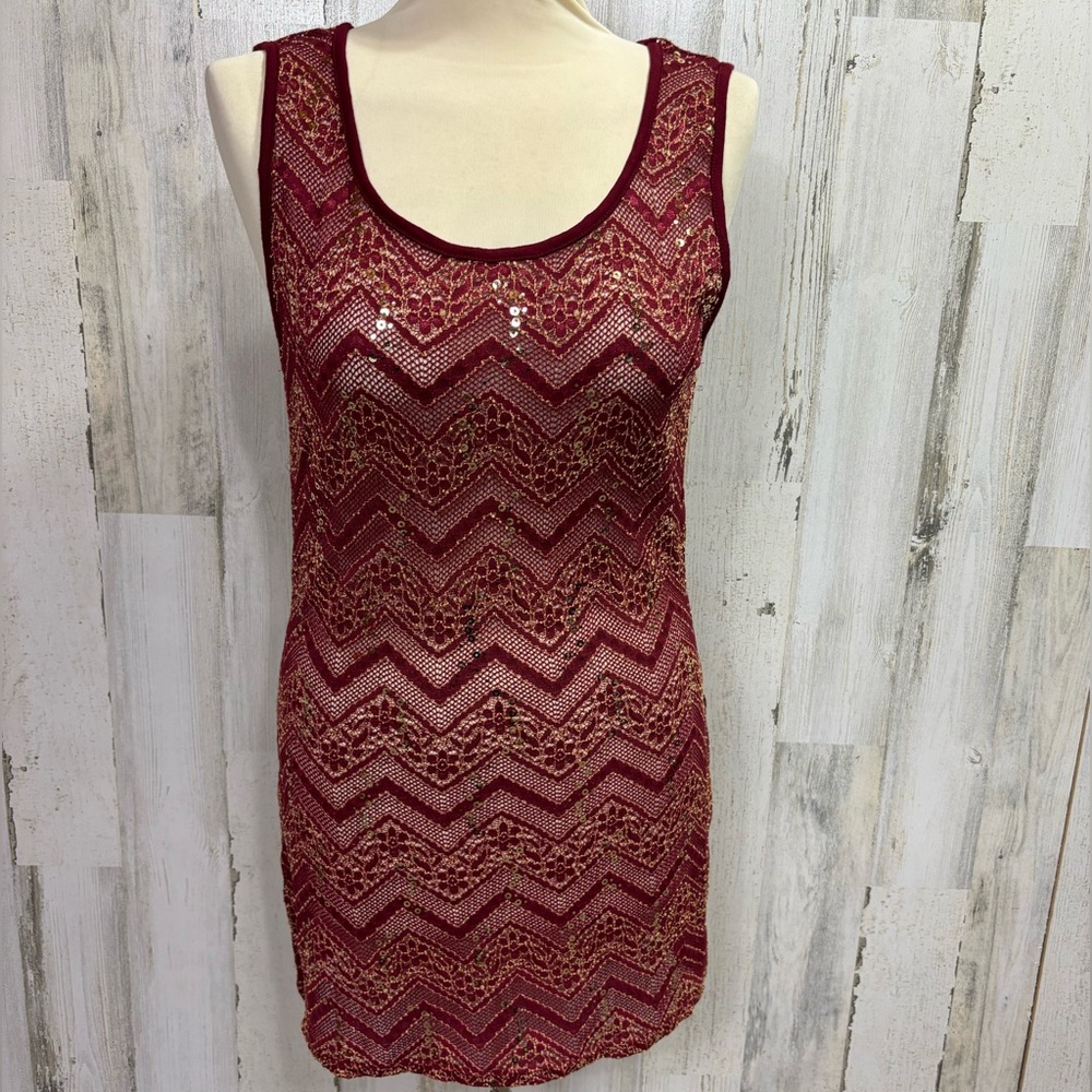 BKE Sequined Sheer Lace Tunic Length Tank Top